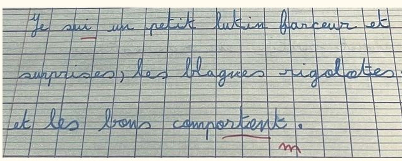 Écriture d'Elyna avant l'accompagnement : un texte manuscrit aux lettres irrégulières et serrées, avec des corrections en rouge