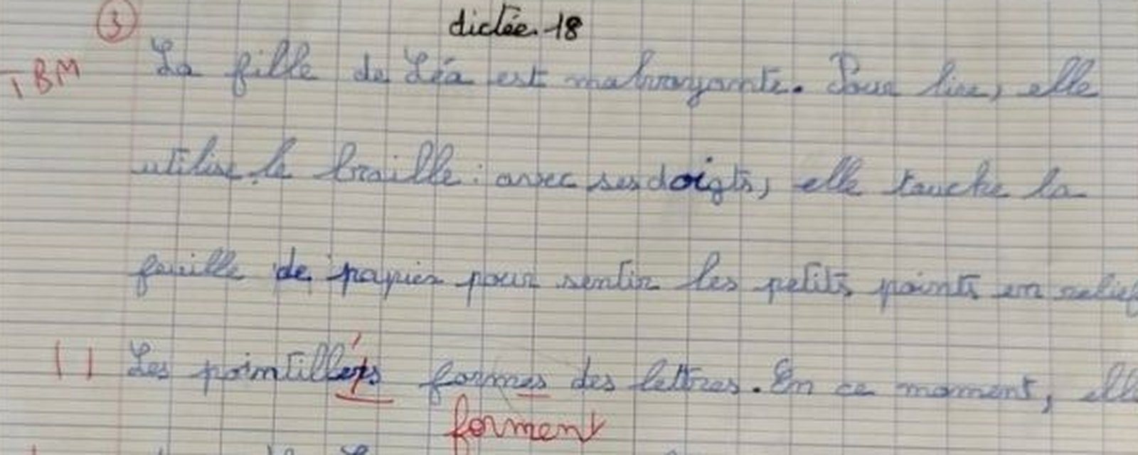 Dictée de Naëlya après 5 séances : le même exercice, avec nettement moins de corrections
