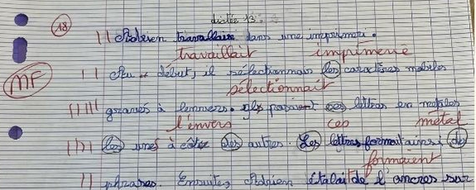 Dictée de Naëlya avant l'accompagnement : de nombreux mots corrigés en rouge