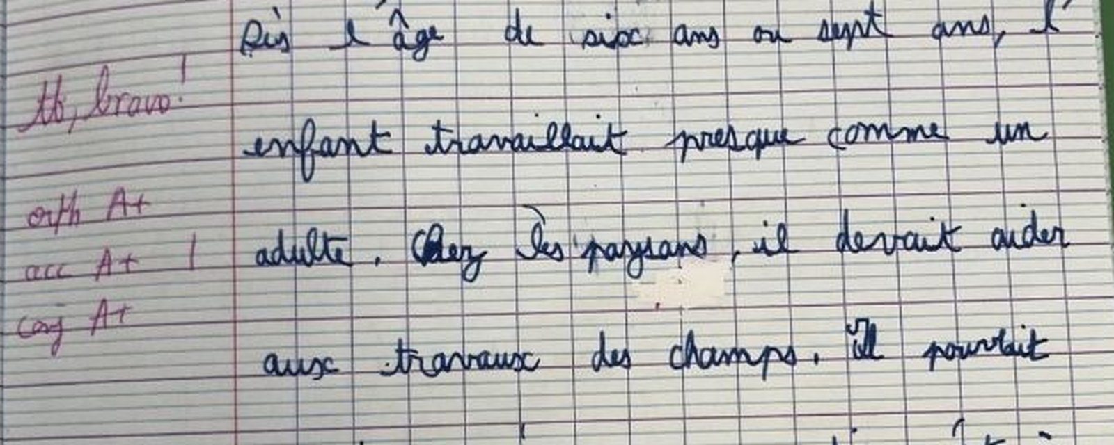Copie d'Ylan après 4 séances : un texte manuscrit presque sans correction, annoté « TB, bravo ! » par l'enseignant